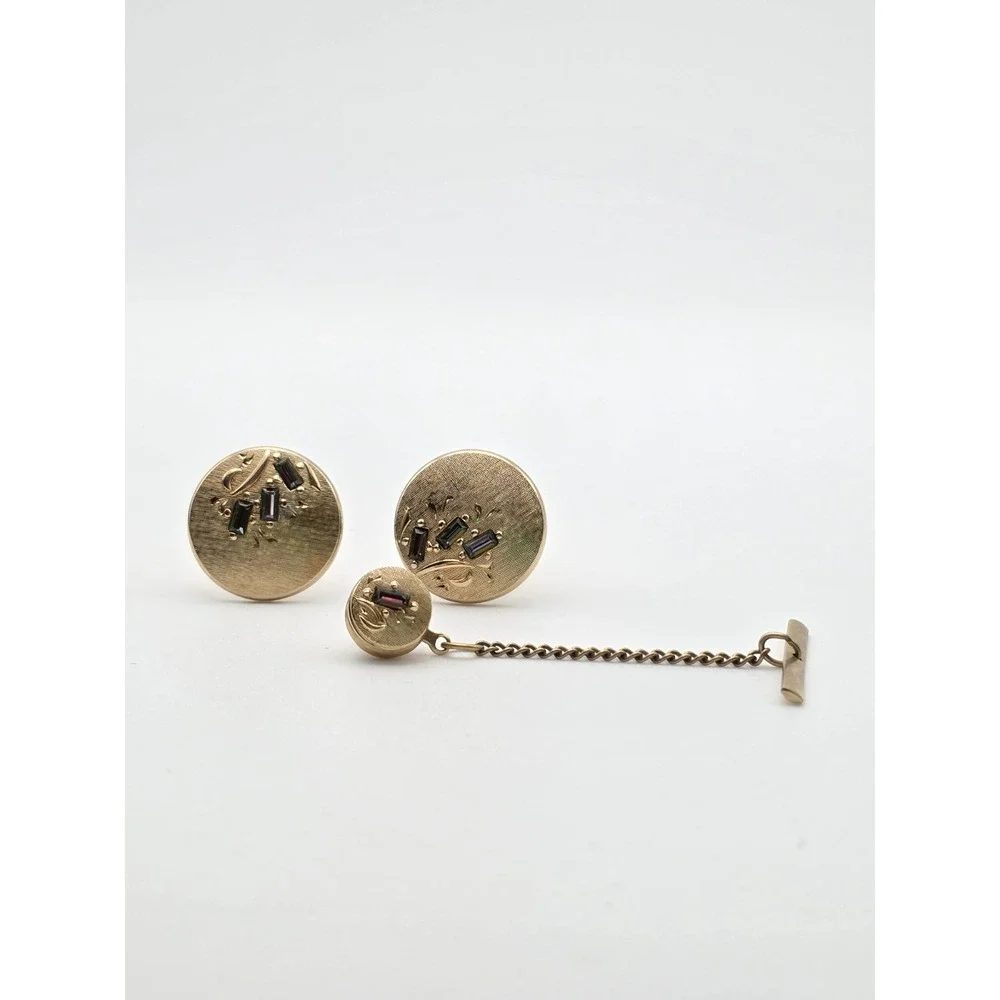 Vtg SWANK Cufflinks Tie Tack Set‎ Leaf Olive Faceted Crystals Gold Tone Textured